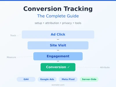 Conversion tracking funnel showing ad click, site visit, engagement, and conversion stages with GA4, Google Ads, Meta Pixel, and server-side tracking
