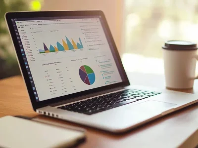 Custom event tracking setup guide showing analytics dashboard with event data on laptop