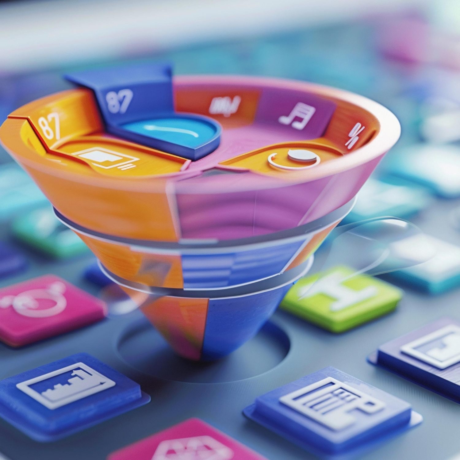 A 3D marketing funnel illustration with colorful app icons at various stages