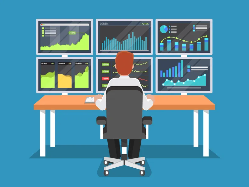 Analyst monitoring six dashboard screens for real-time analytics