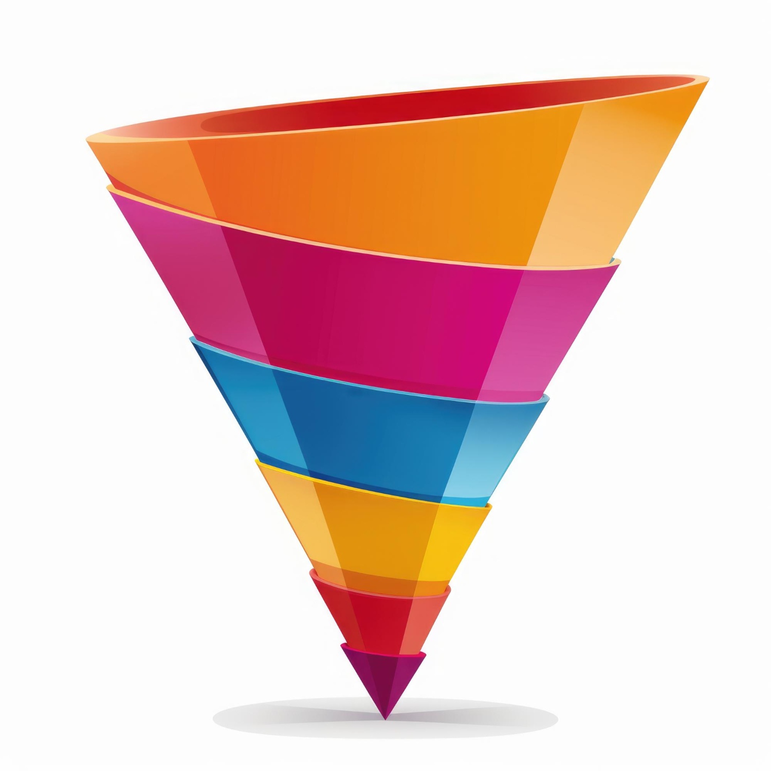 A colorful 3D representation of a sales funnel showing stages from top to bottom
